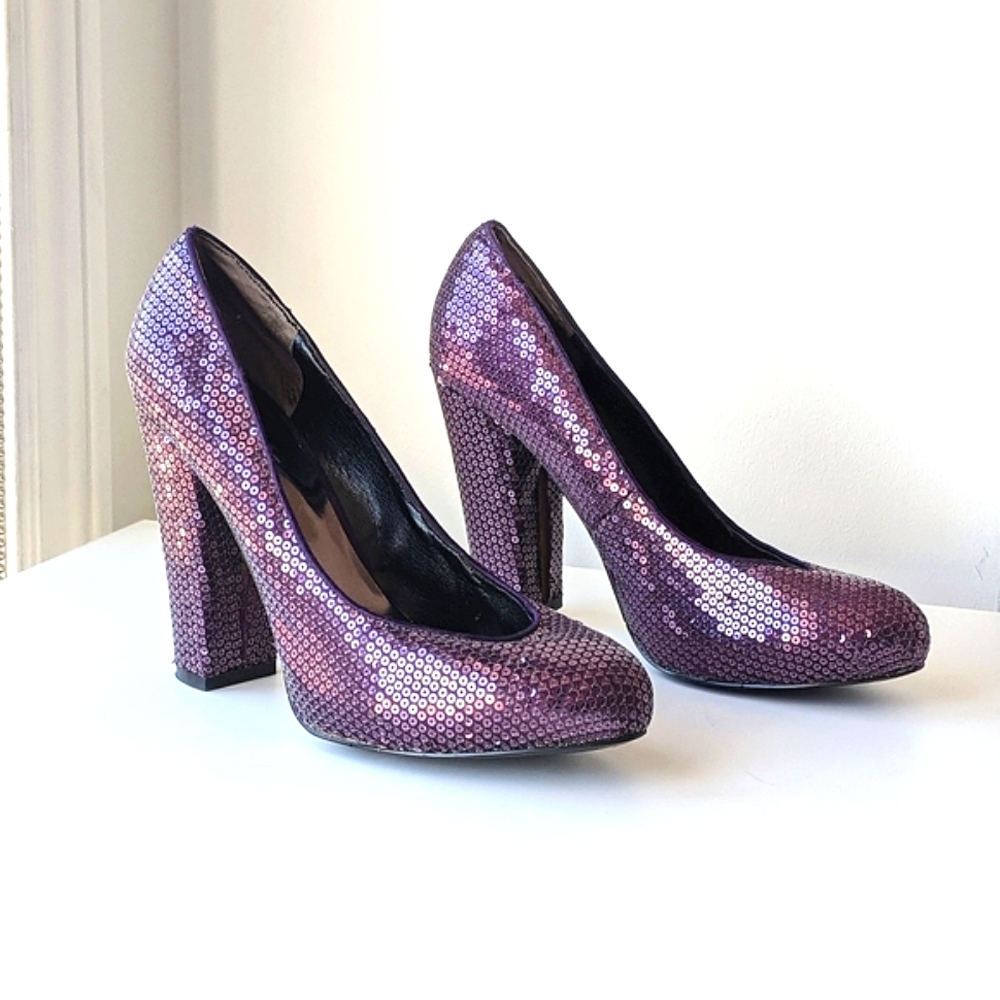 purple sequin closed toe chunky heel pump, 8